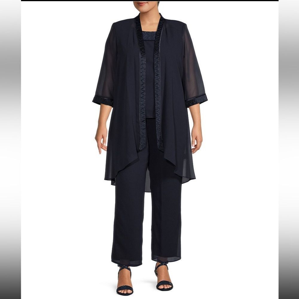 Le Bos Round Neck 3/4 Sleeve Georgette Tonal Trim Evening 3-Piece Pant Set NWT